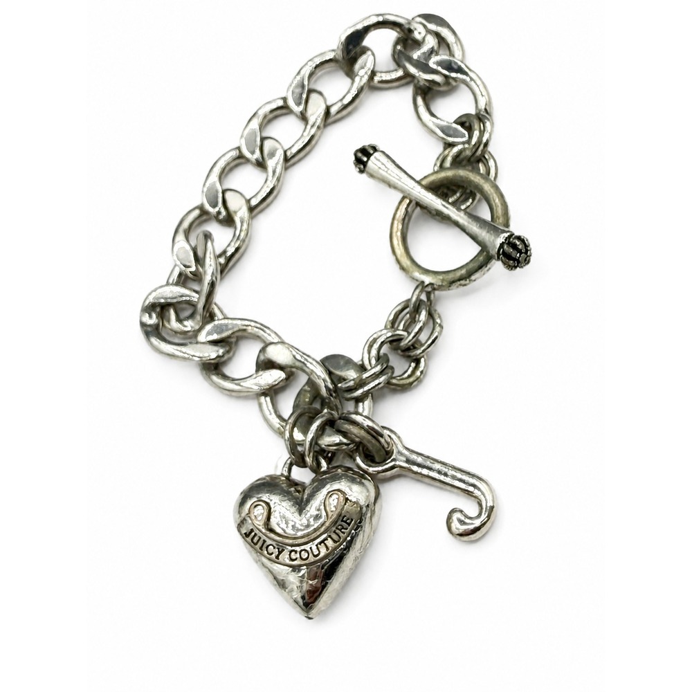 Juicy Couture Vintage Y2K Silver Chain Logo Heart Toggle Bracelet J Dangle